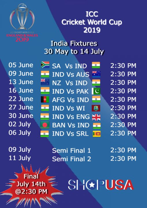 ICC Cricket World Cup 2019 India Schedule
